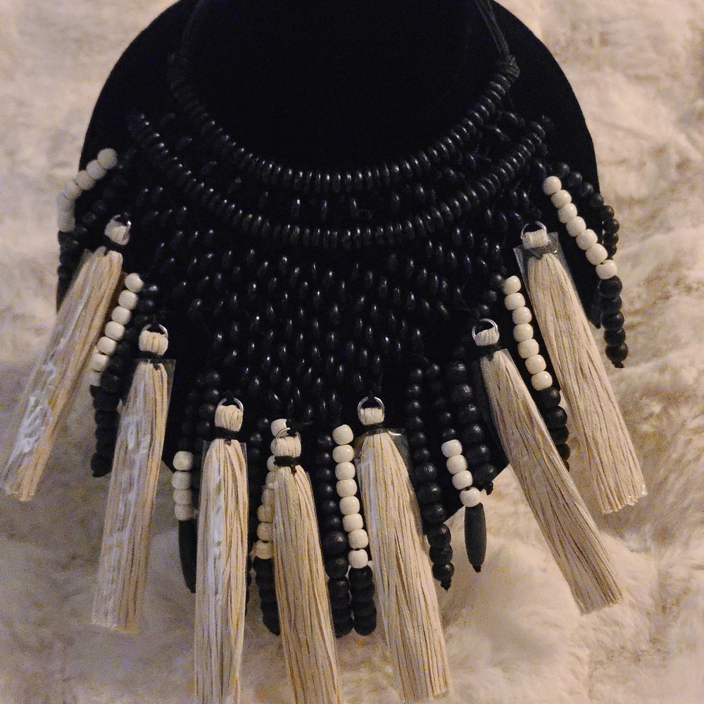 Chico's Black and Ivory Beaded Tassel Statement Necklace